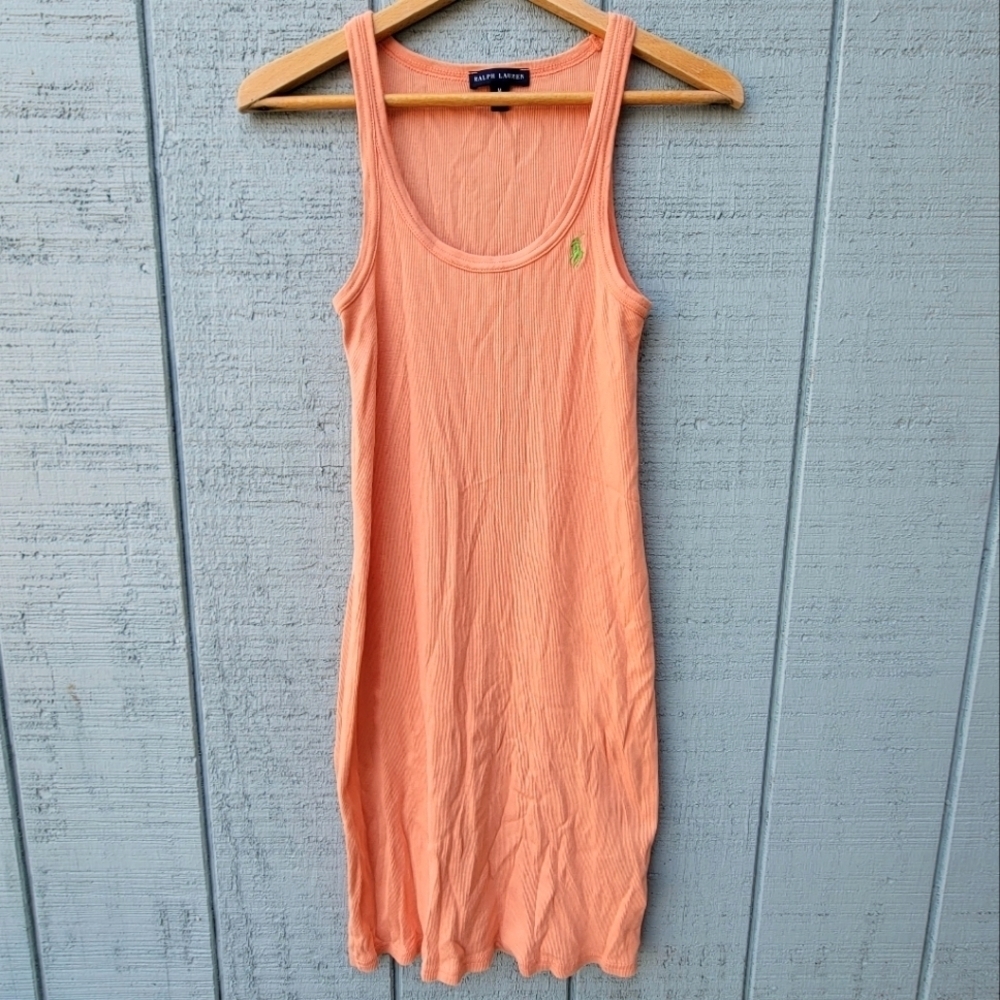 RARE y2k Ralph Lauren Blue Label Ribbed Knit Tank Dress size M Melon
